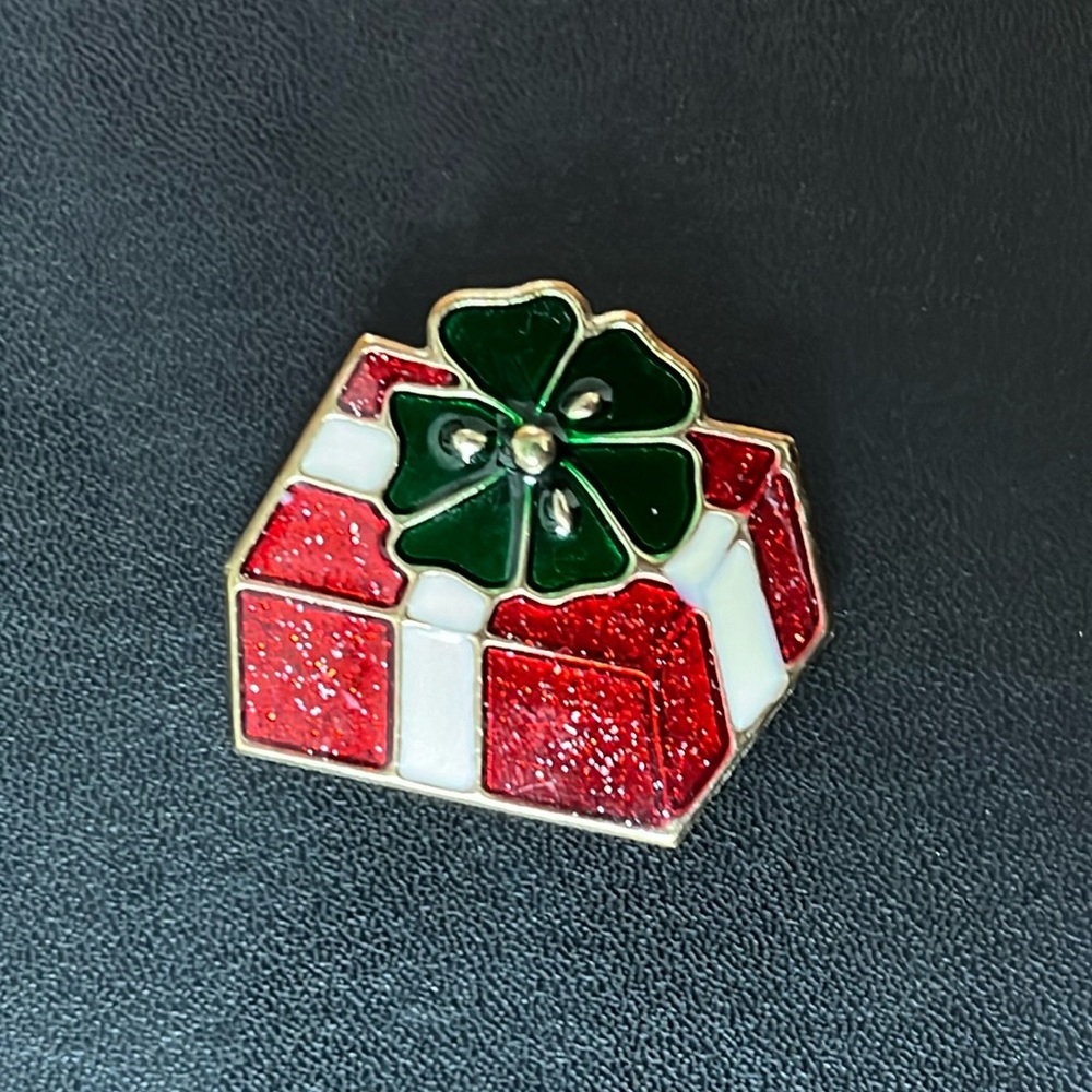 Red and White Gift with Green Bow Brooch